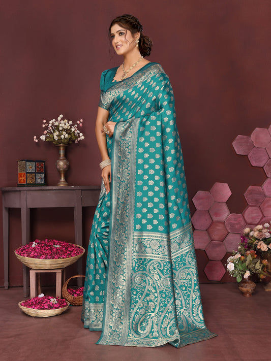 Aqua Blue Banarasi Silk Woven Design Kanjeevaram Saree