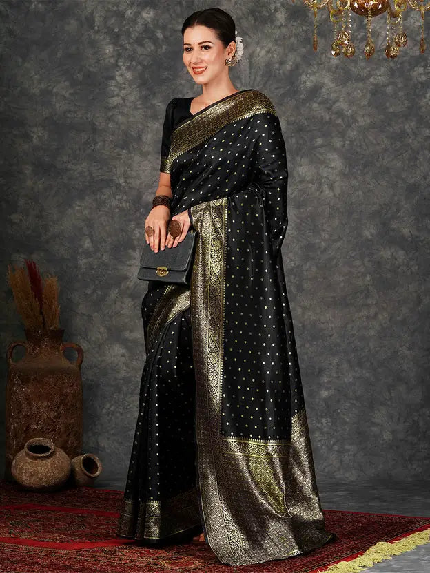 Black Banarasi Silk Woven Design Kanjeevaram Saree
